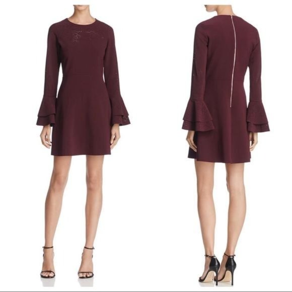 PARKER Orlando Laser Cut Bell Ruffle long Sleeve Dress Raisin Sheath Red 0 New - Picture 1 of 14
